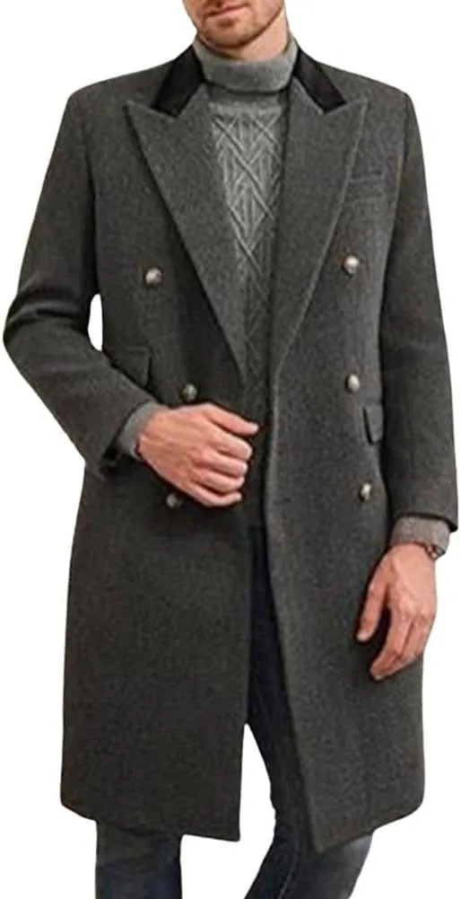 chouyatou Men's Winter Contrast Lapel Collar Wool Coat Double Breasted Wool Blend Trench Pea Coat Overcoat