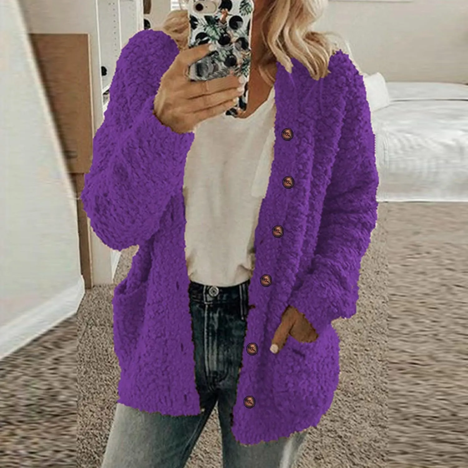 Chunky Open Front Cardigan for Women Fluffy Button Up Sweater Coat Winter Shaggy, Womens Fuzzy Popcorn Outwear