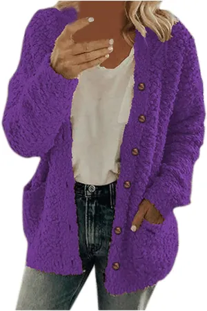 Chunky Open Front Cardigan for Women Fluffy Button Up Sweater Coat Winter Shaggy, Womens Fuzzy Popcorn Outwear