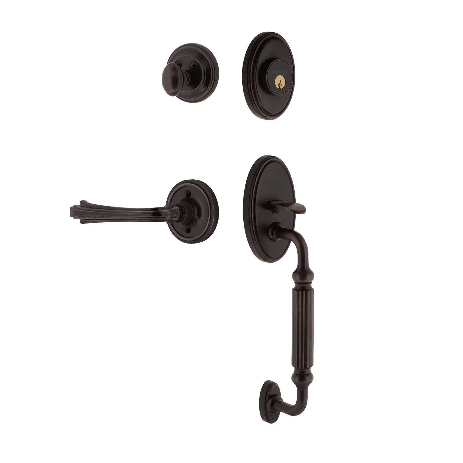 Classic Handleset with F-Grip and Classic Rosette with Fleur Lever in Timeless Bronze