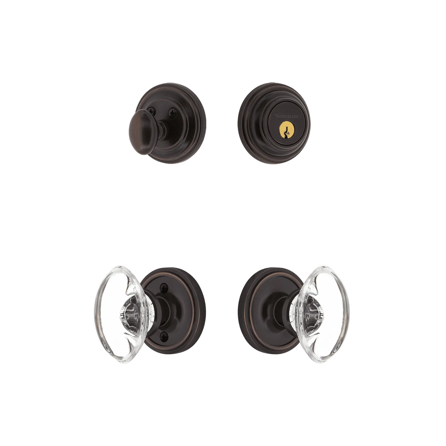 Classic Rosette Entry Set with Oval Clear Crystal Knob in Timeless Bronze