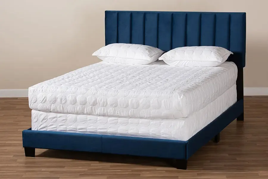 Claudia Navy Blue Velvet Fabric Panel Bed w/Channel Tufted Headboard (King)