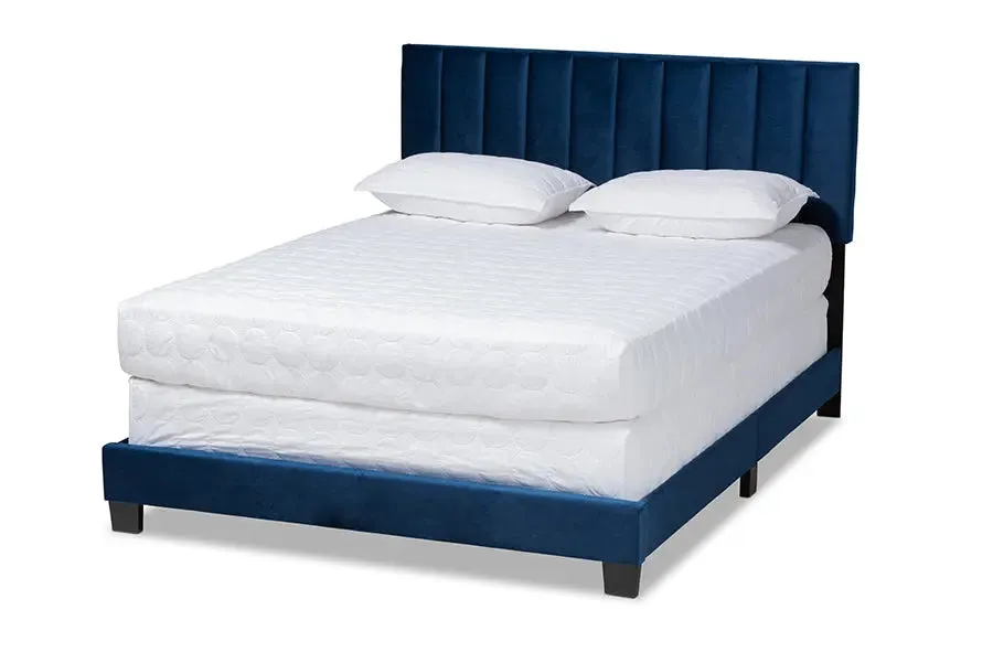 Claudia Navy Blue Velvet Fabric Panel Bed w/Channel Tufted Headboard (King)