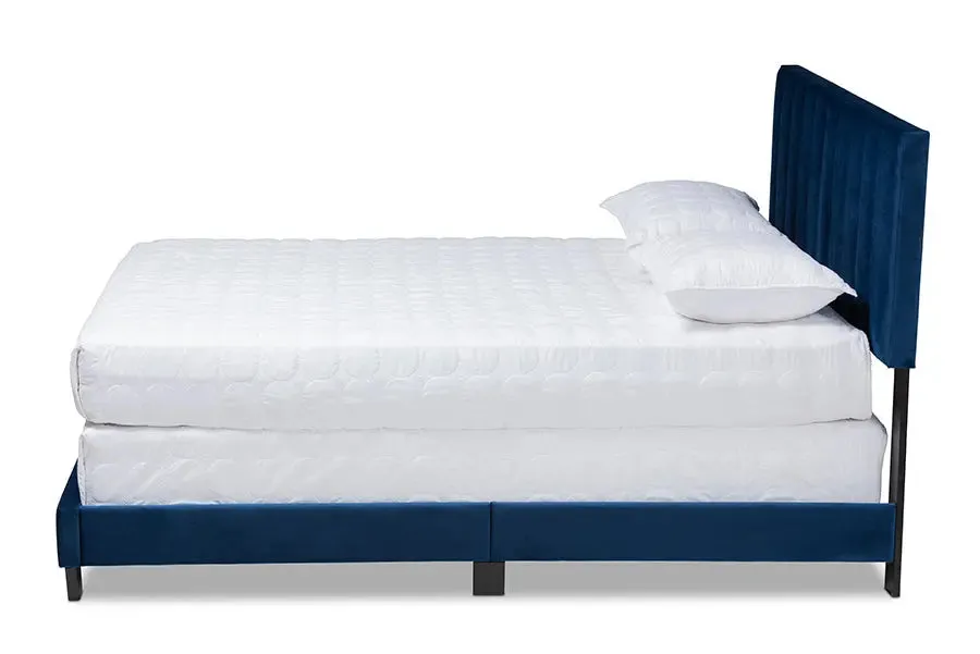 Claudia Navy Blue Velvet Fabric Panel Bed w/Channel Tufted Headboard (King)