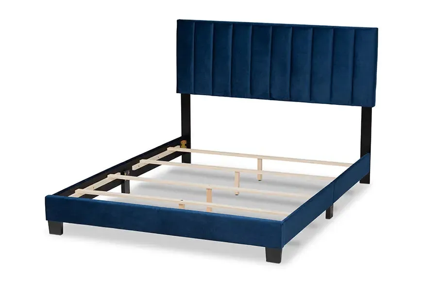 Claudia Navy Blue Velvet Fabric Panel Bed w/Channel Tufted Headboard (King)
