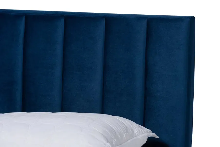 Claudia Navy Blue Velvet Fabric Panel Bed w/Channel Tufted Headboard (King)