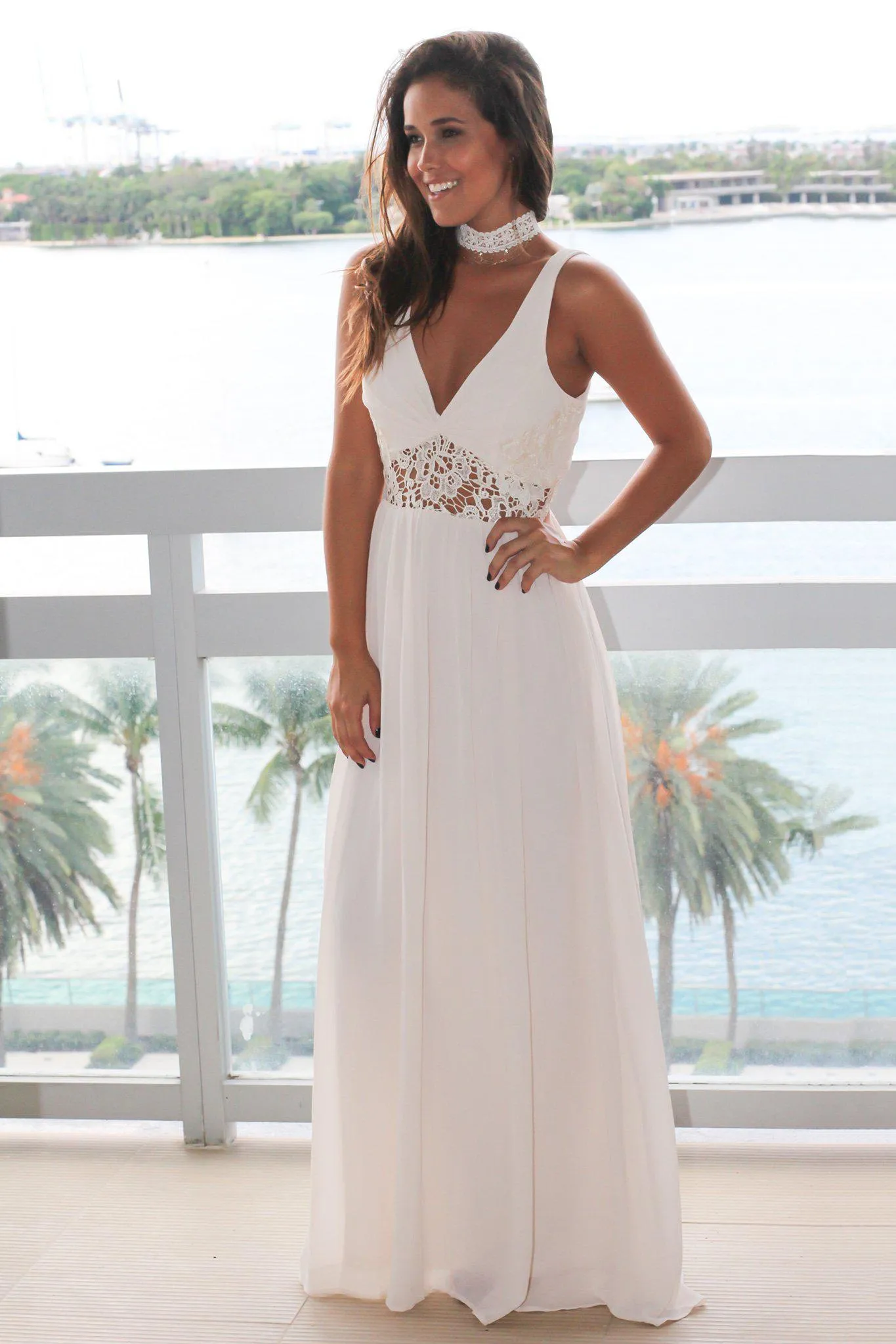 Cream V-Neck Maxi Dress with Lace