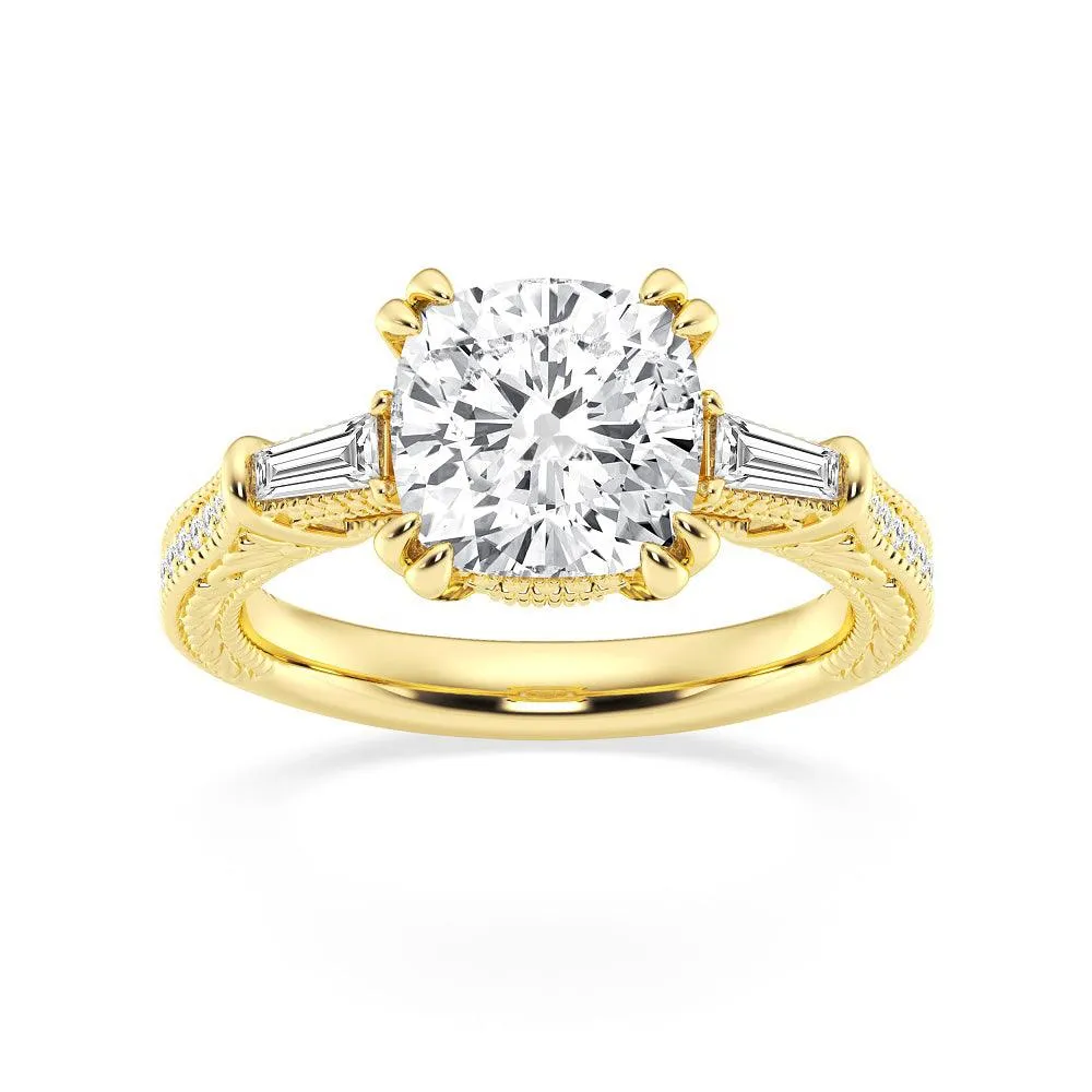 Cushion Cut Moissanite Filigree with Baguettes Vintage Engagement Ring