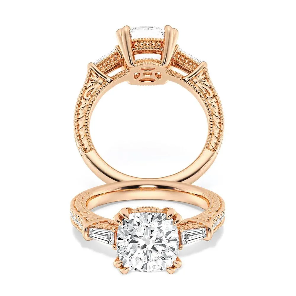 Cushion Cut Moissanite Filigree with Baguettes Vintage Engagement Ring