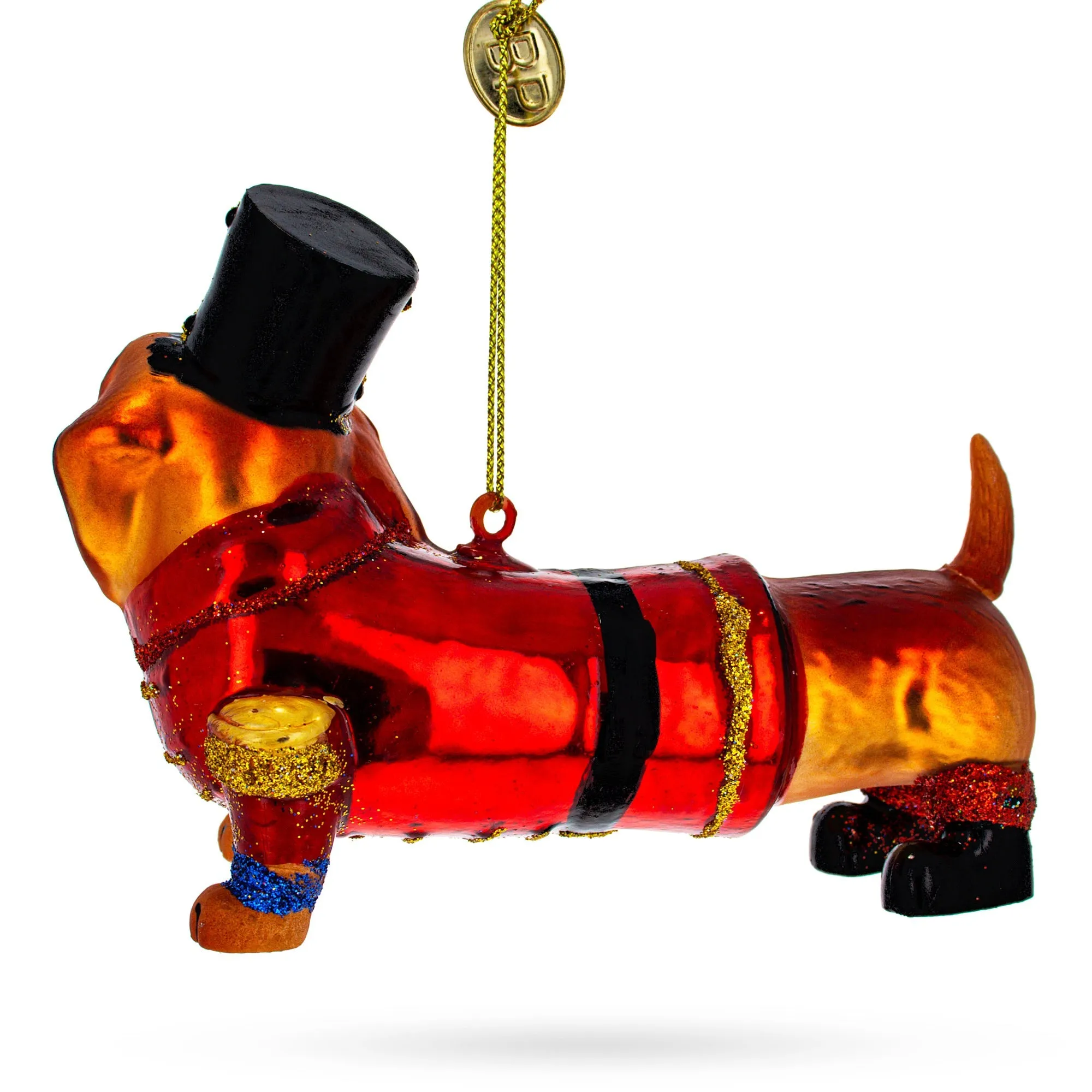 Dapper Dachshund Dog In Hat - Blown Glass Christmas Ornament