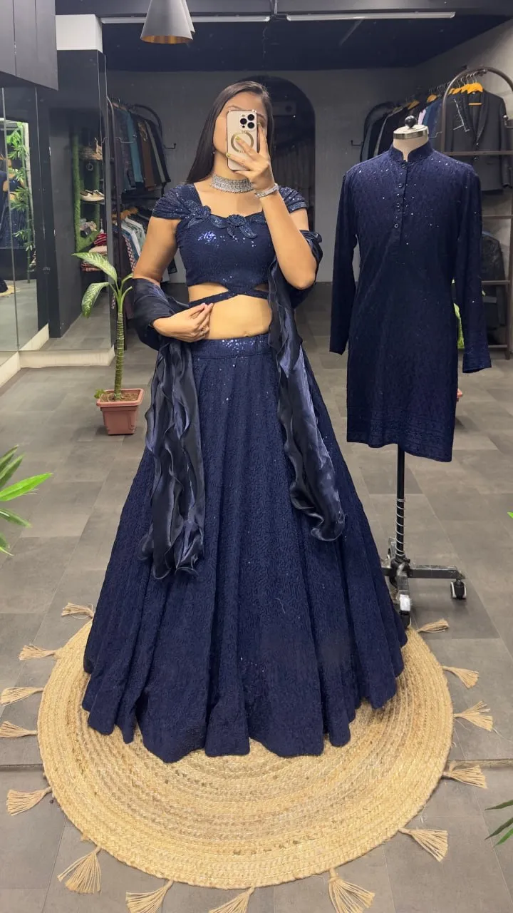 Dark Navy Blue Cinderella Sequence Lehenga Set - Full Stitched Georgette Ensemble