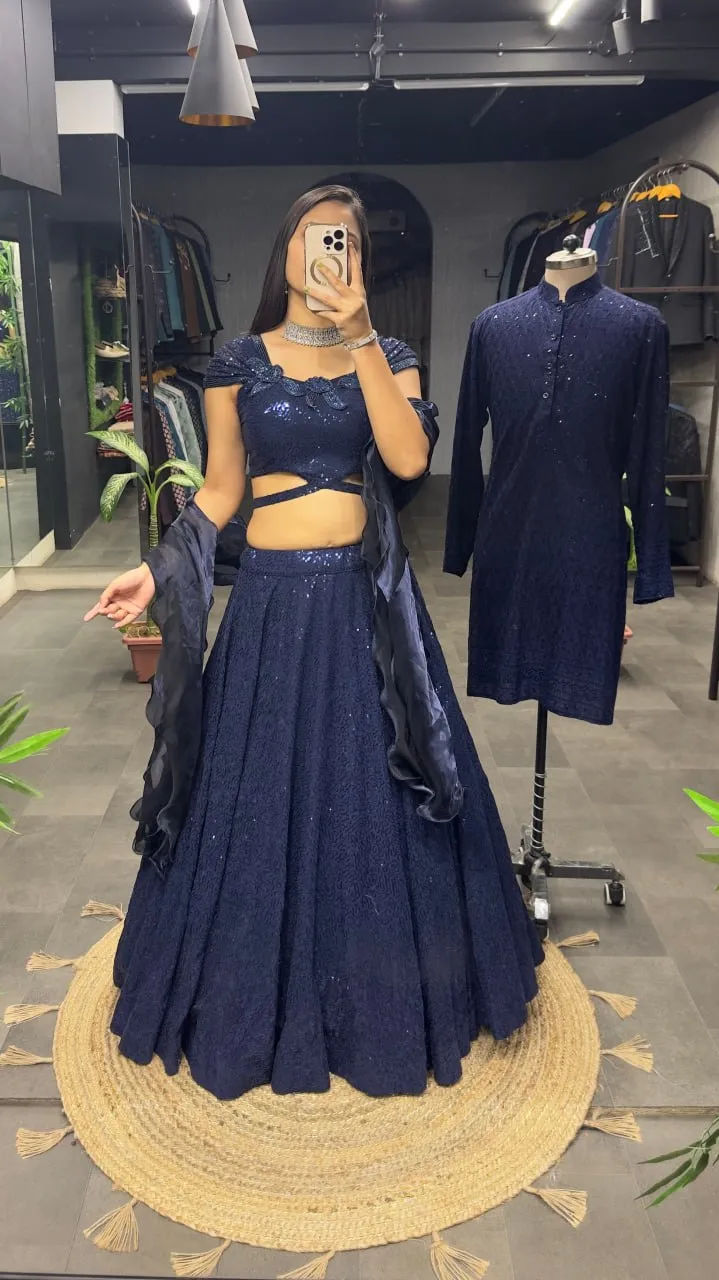 Dark Navy Blue Cinderella Sequence Lehenga Set - Full Stitched Georgette Ensemble