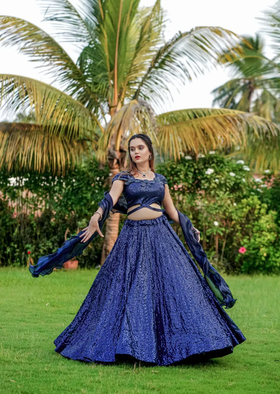 Dark Navy Blue Cinderella Sequence Lehenga Set - Full Stitched Georgette Ensemble