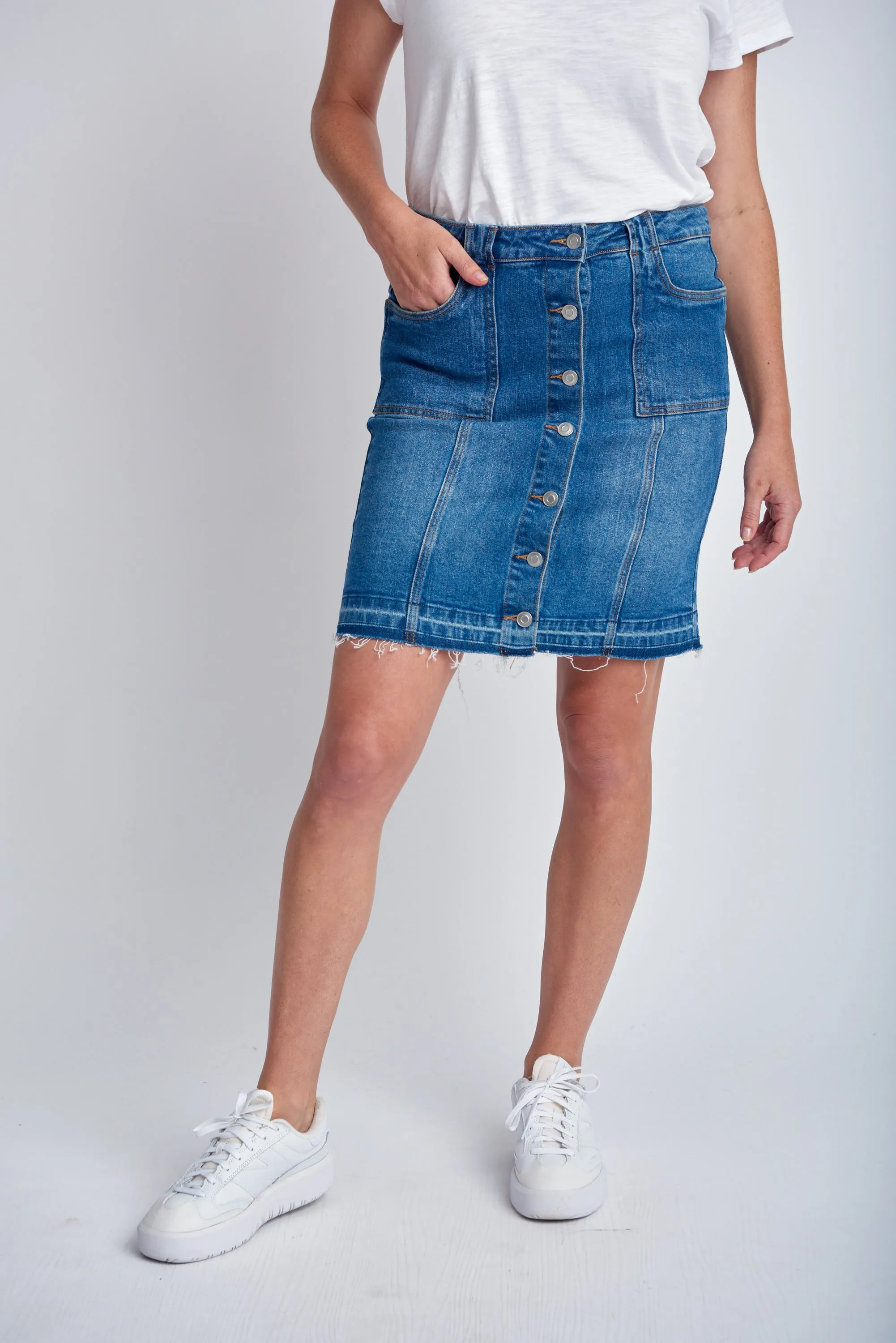Denim Knee Length Button Up Skirt Light Blue