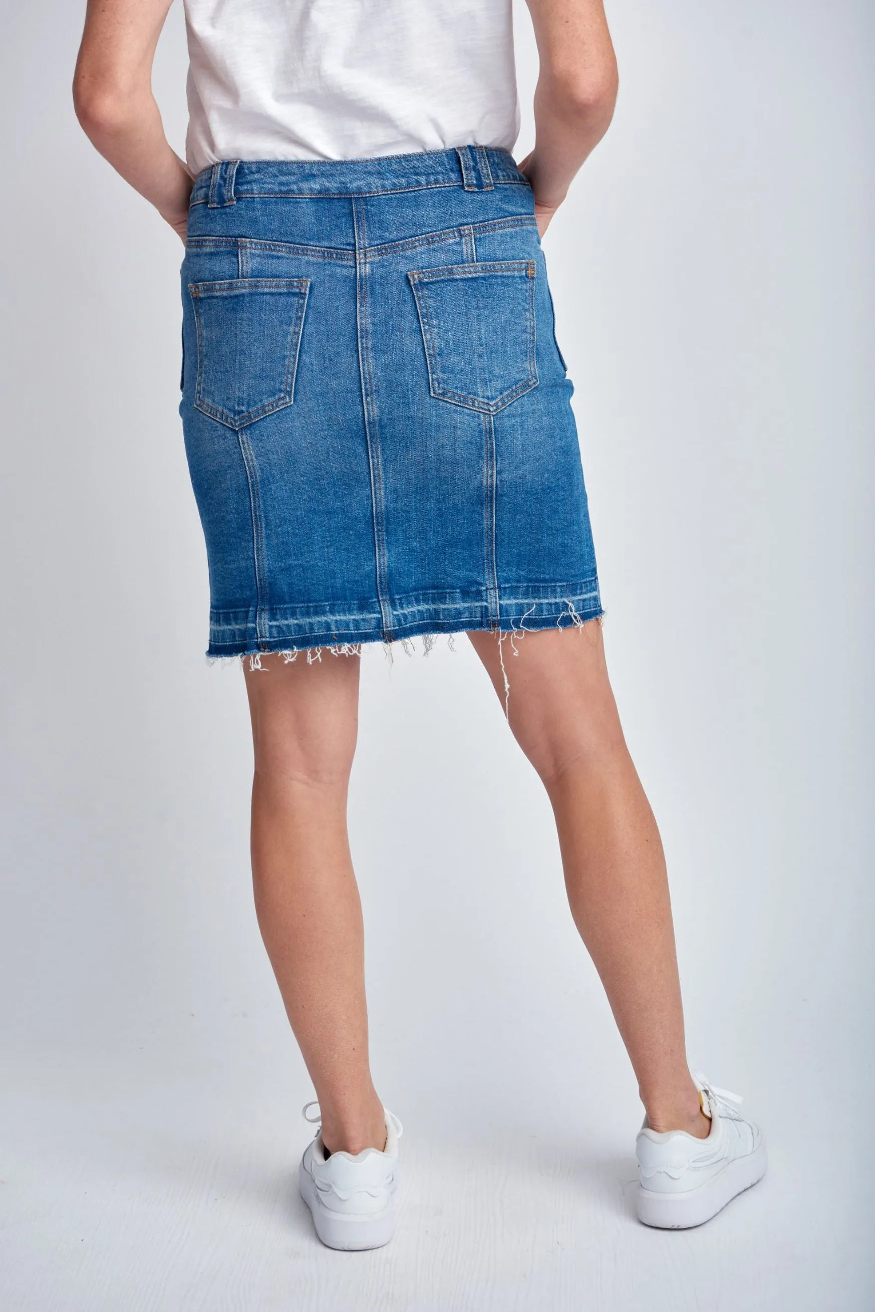 Denim Knee Length Button Up Skirt Light Blue