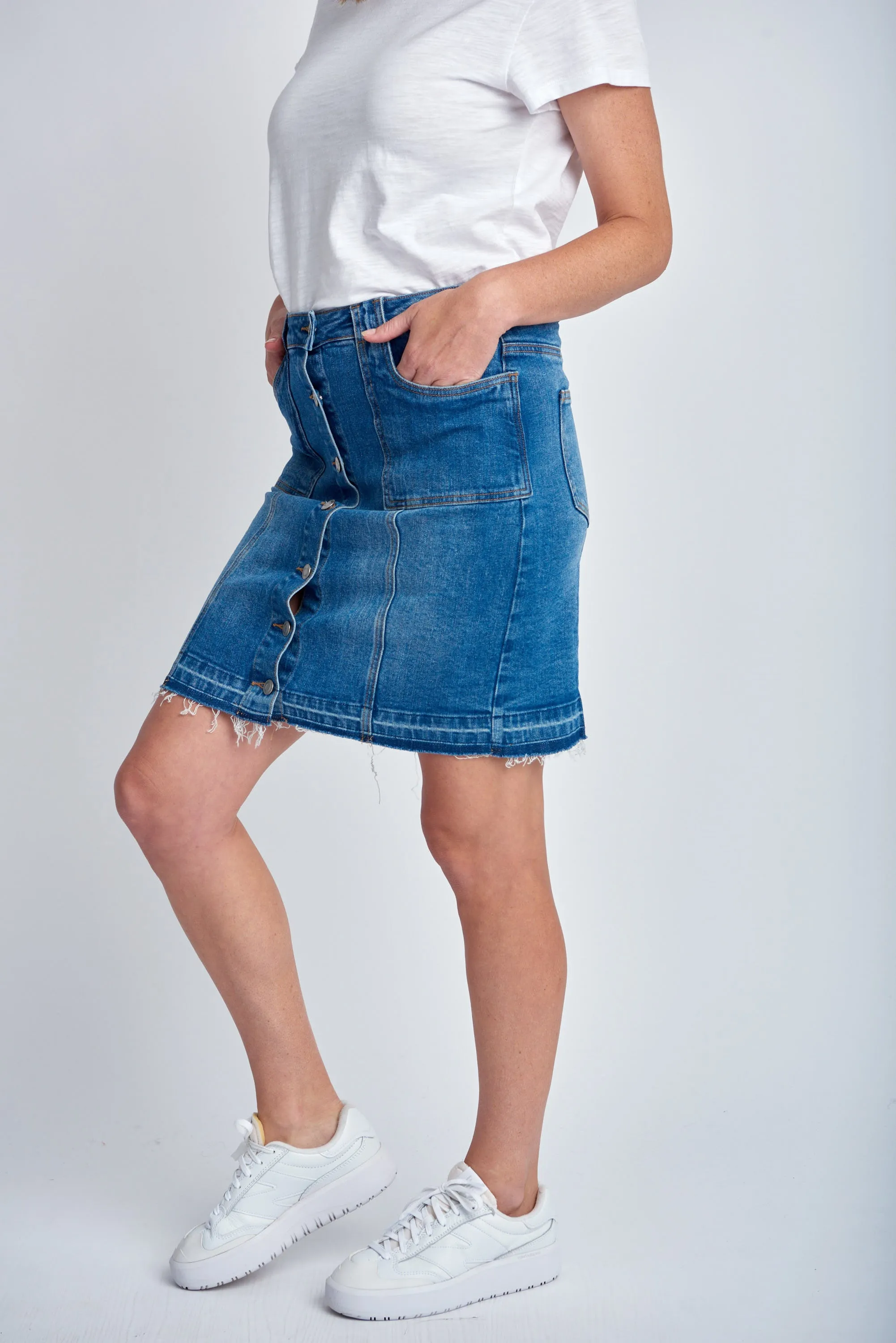 Denim Knee Length Button Up Skirt Light Blue