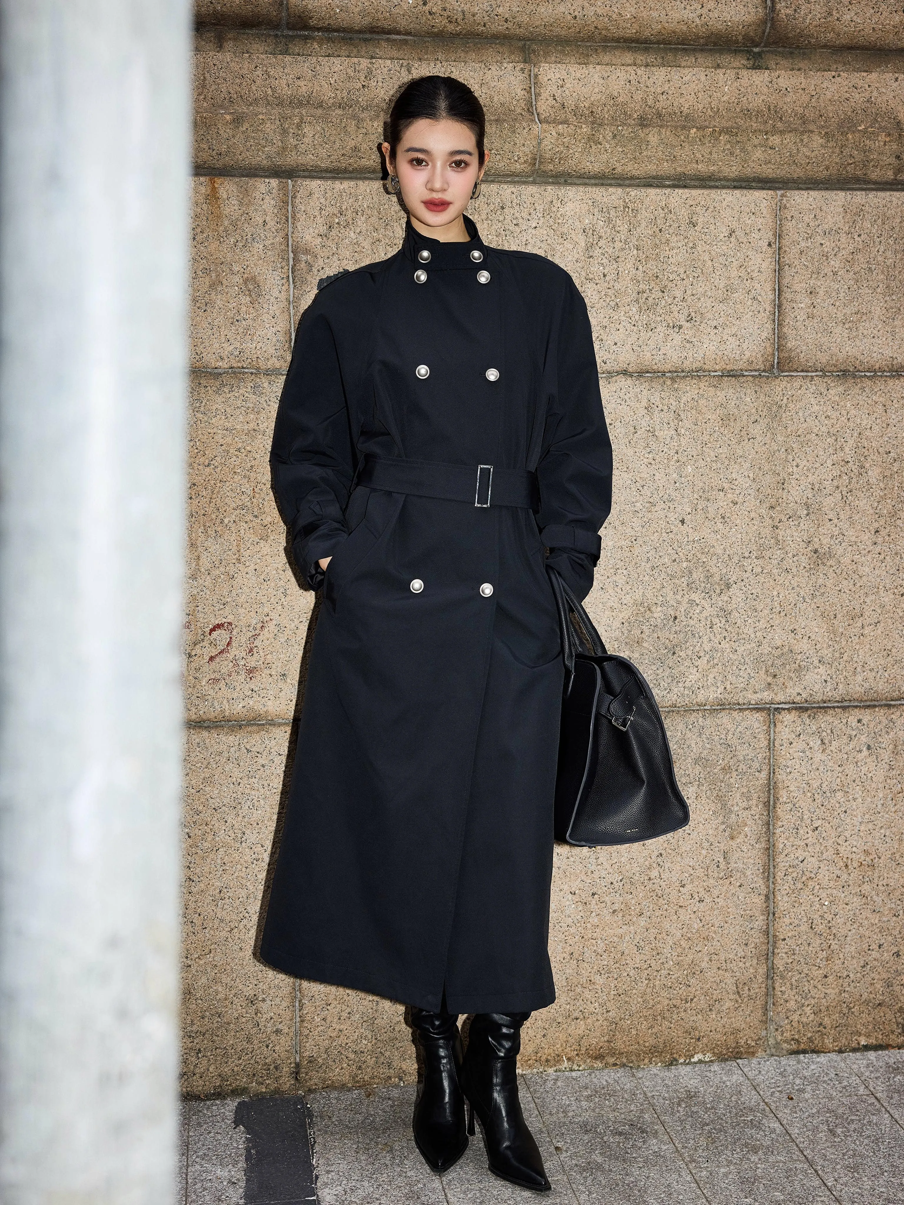 Double Breasted Long Black Trench Coat