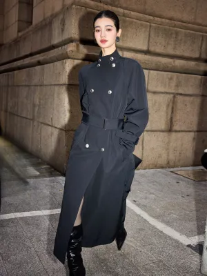 Double Breasted Long Black Trench Coat