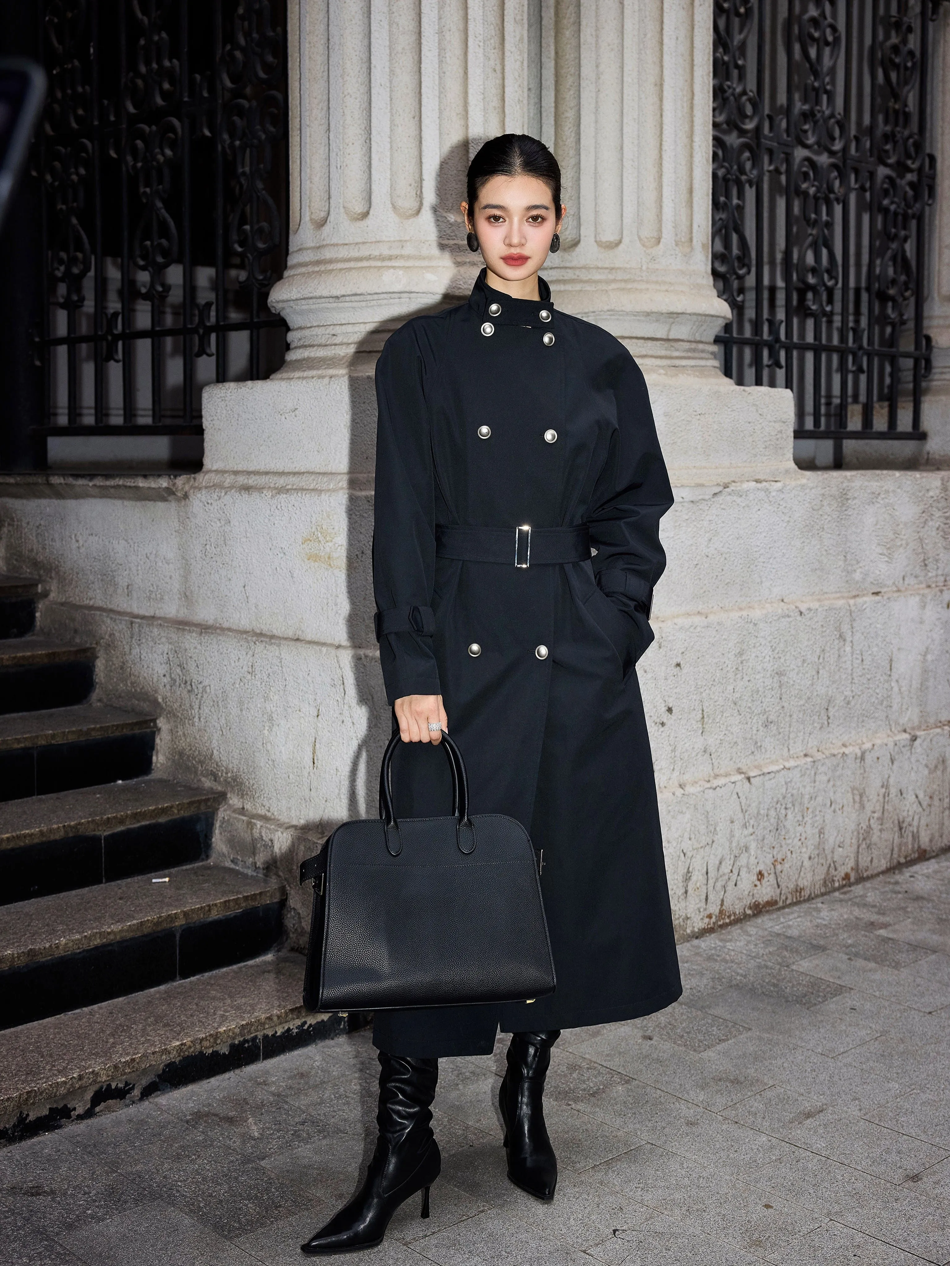 Double Breasted Long Black Trench Coat
