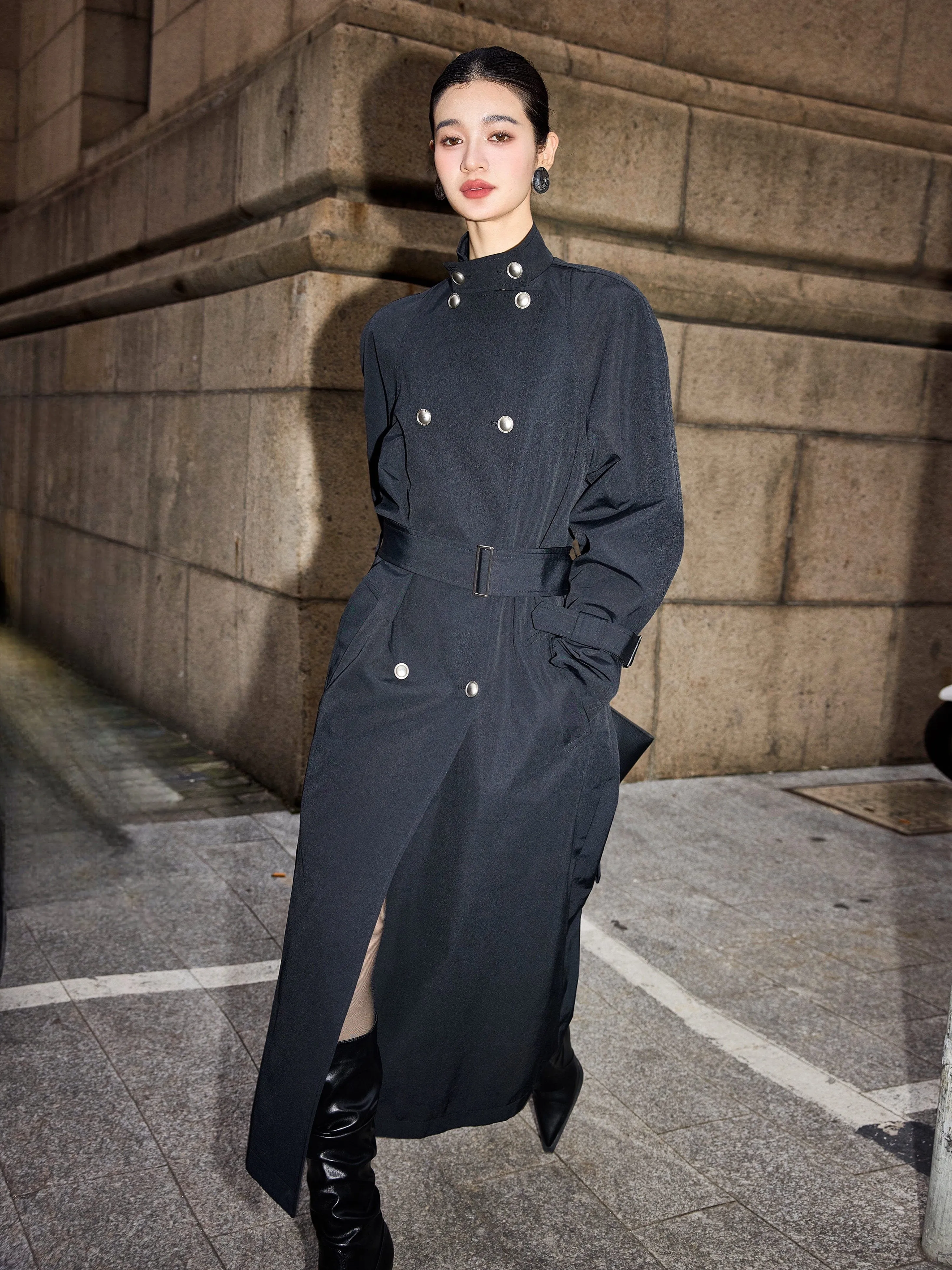 Double Breasted Long Black Trench Coat