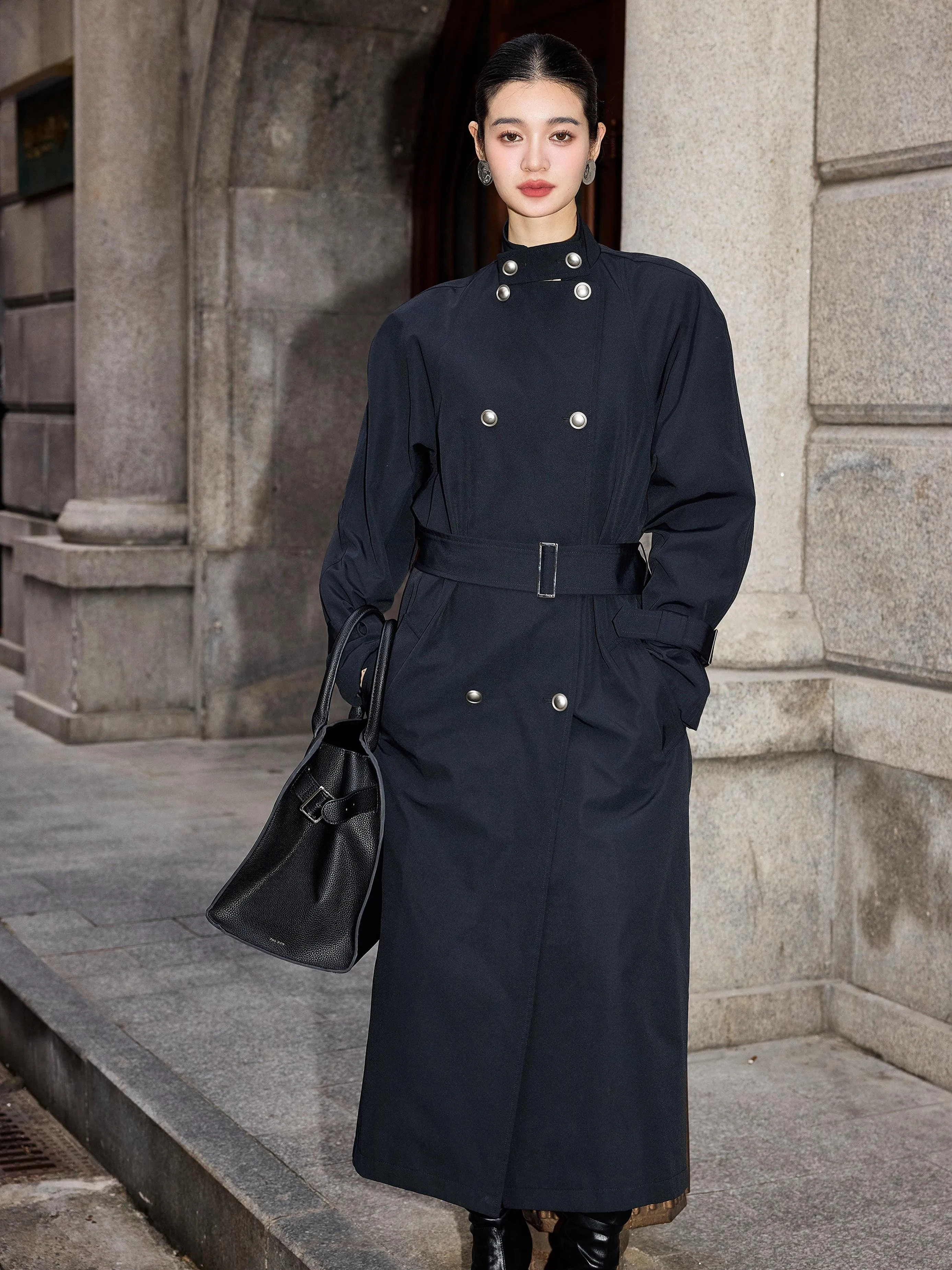 Double Breasted Long Black Trench Coat
