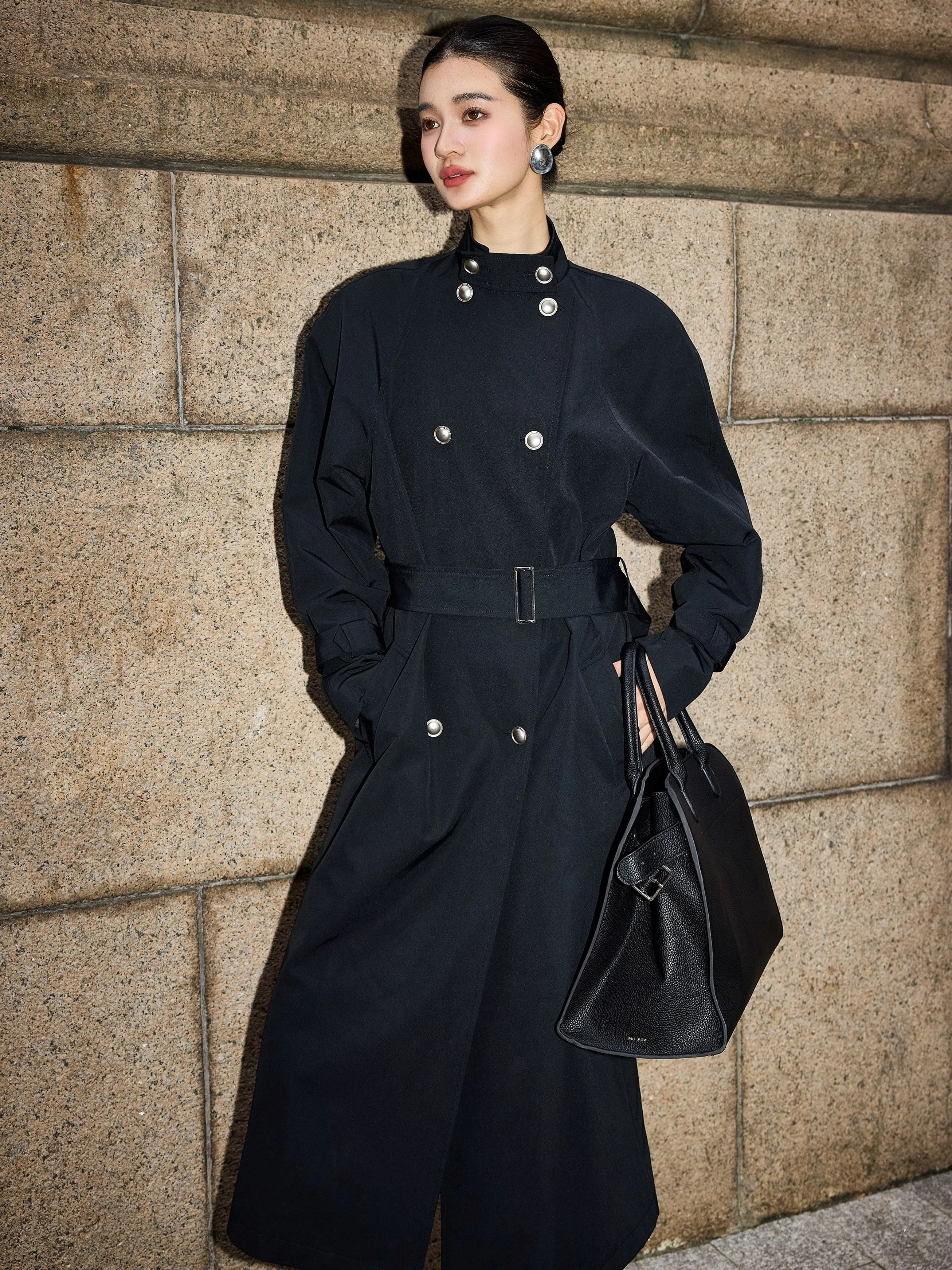 Double Breasted Long Black Trench Coat