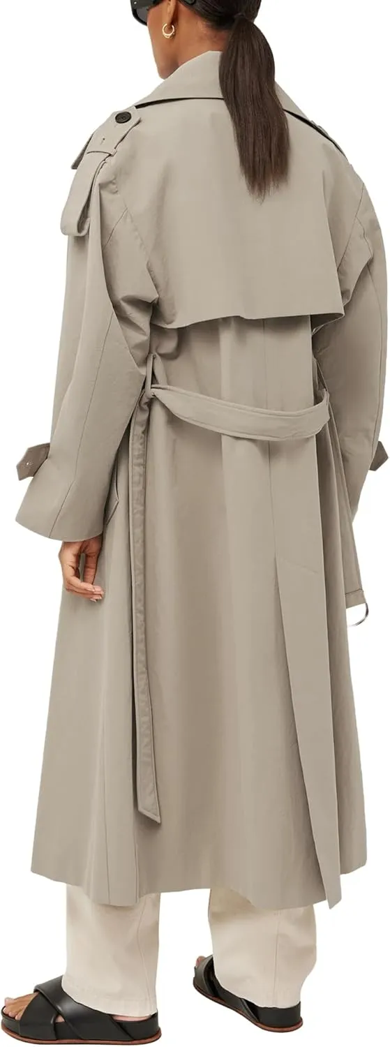 Farktop Womens Oversized Long Trench Coat Double Breasted Lapel Windproof Overcoat with Belt