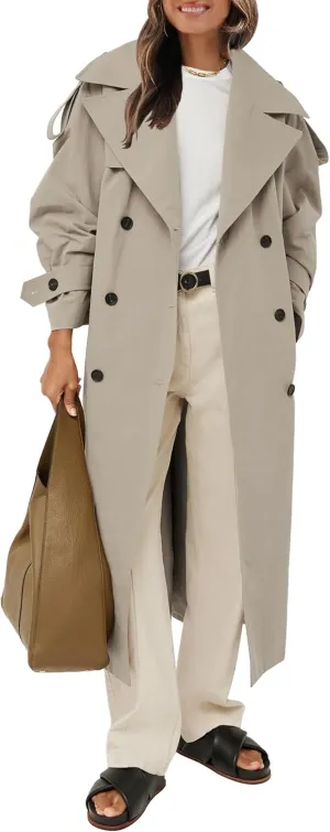 Farktop Womens Oversized Long Trench Coat Double Breasted Lapel Windproof Overcoat with Belt