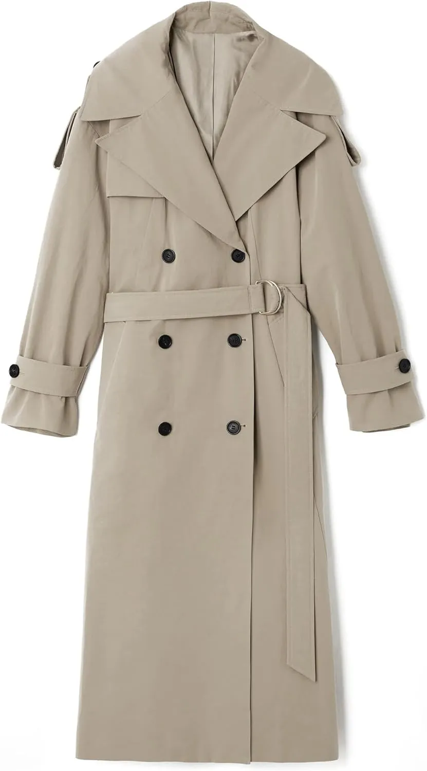 Farktop Womens Oversized Long Trench Coat Double Breasted Lapel Windproof Overcoat with Belt