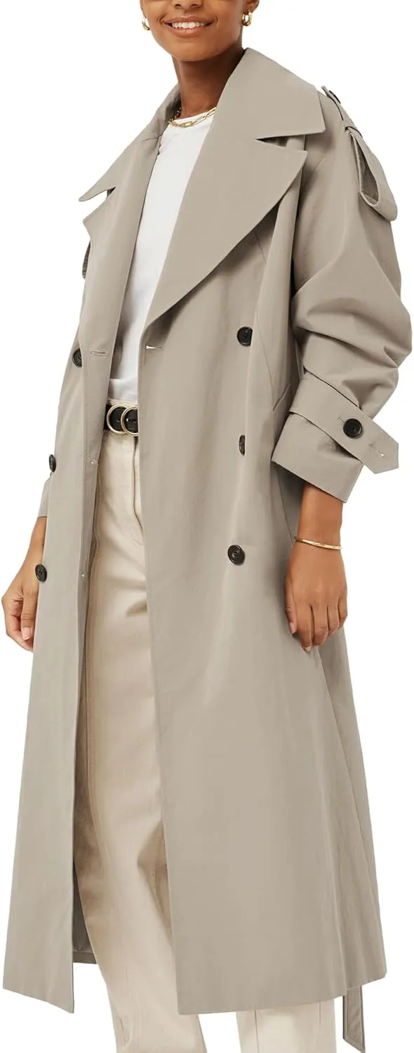 Farktop Womens Oversized Long Trench Coat Double Breasted Lapel Windproof Overcoat with Belt