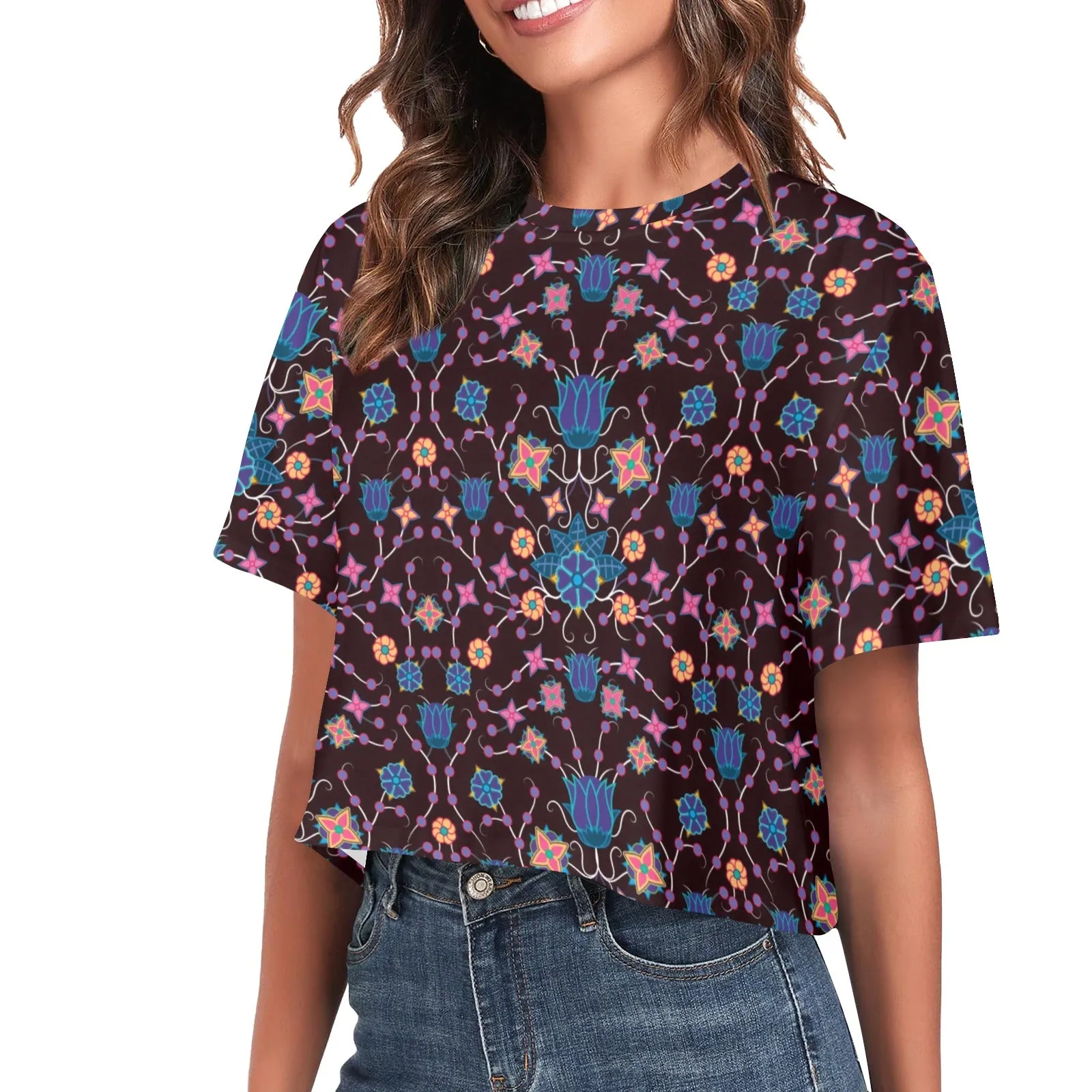 Floral Damask Purple Women's Cropped T-shirt