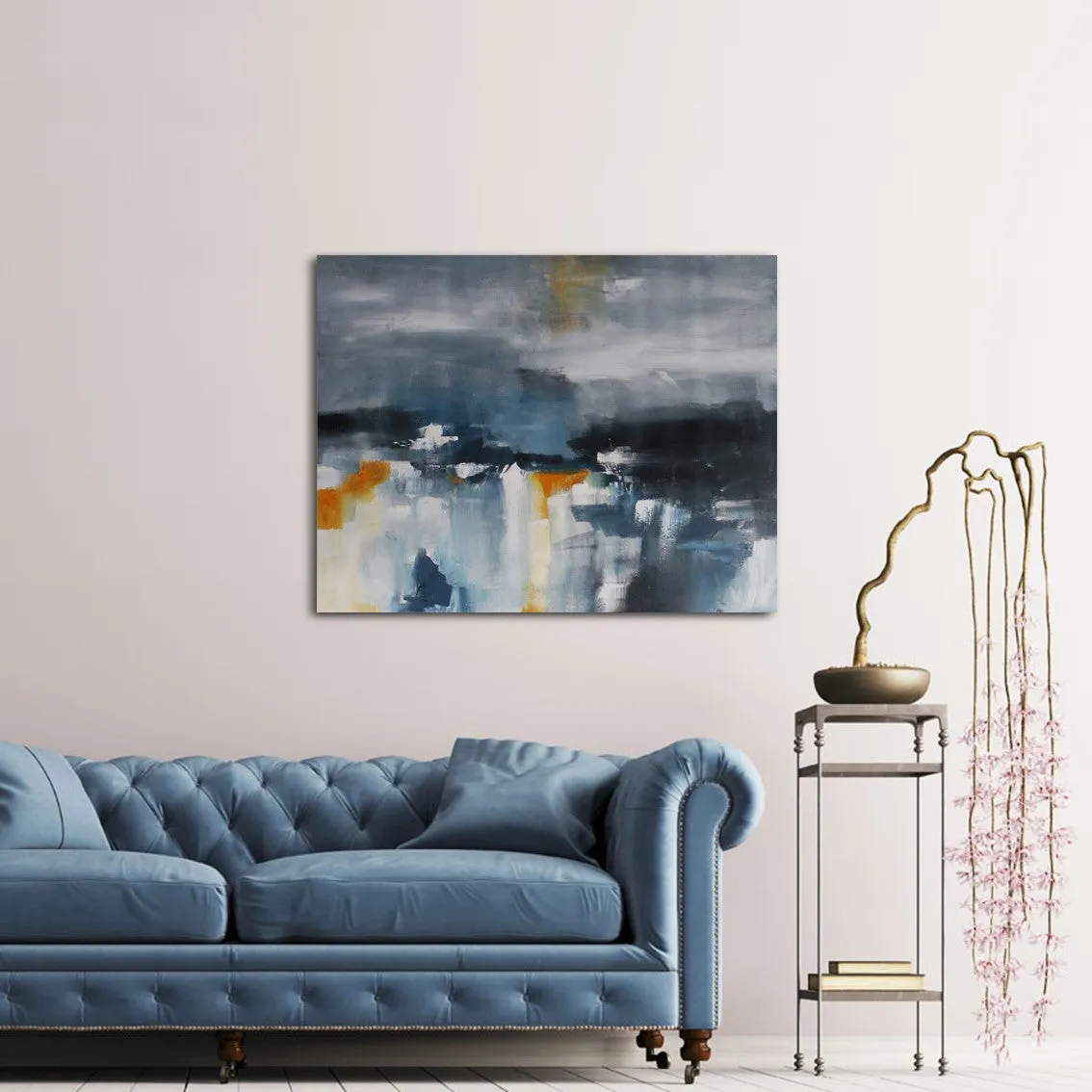 Framed horizontal smoky blue & orange abstract wall art print