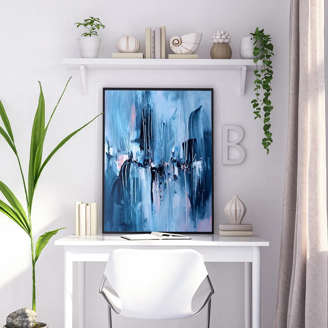 Framed vertical blue & pink abstract wall art print