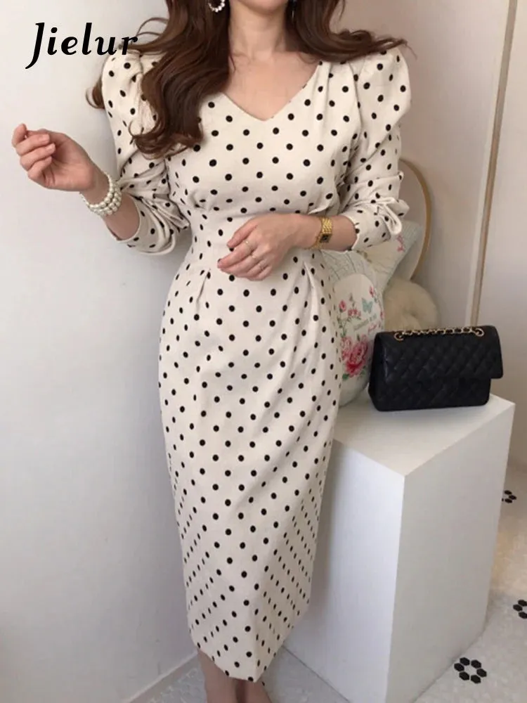 French Style Spring Autumn Women Casual Polka Dot Print A-Line Party Corduroy Dresses Elegant Lace-Up Slim Fashion