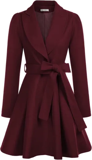 GRACE KARIN Women's Notch Lapel Long Puff Sleeve a Line Pea Coat with Self Tie Belt