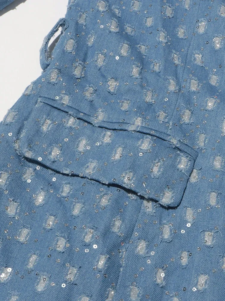 High Street Patchwork Sashes Long Sleeve Denim Trench Coat