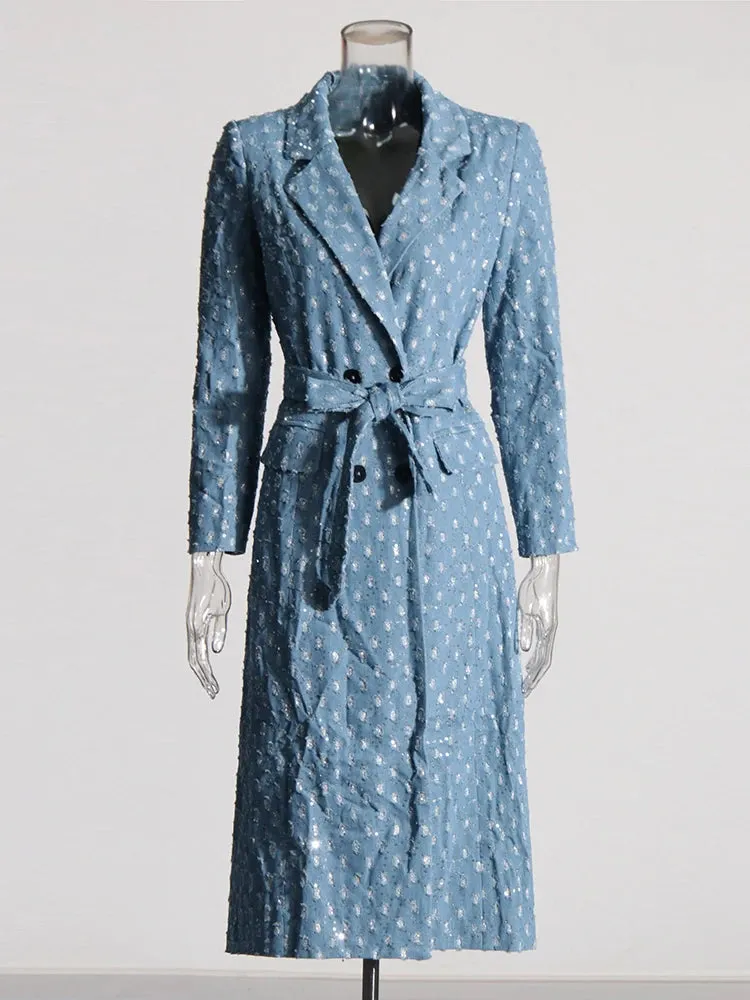 High Street Patchwork Sashes Long Sleeve Denim Trench Coat