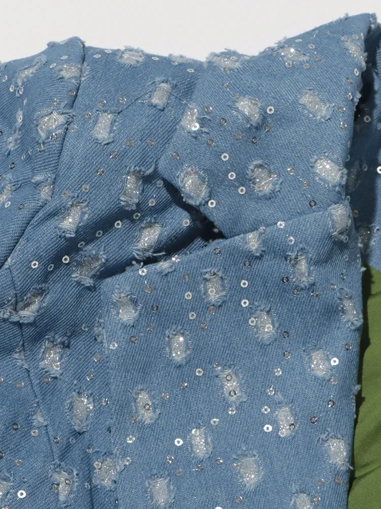 High Street Patchwork Sashes Long Sleeve Denim Trench Coat