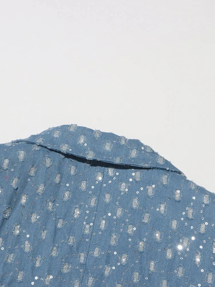 High Street Patchwork Sashes Long Sleeve Denim Trench Coat