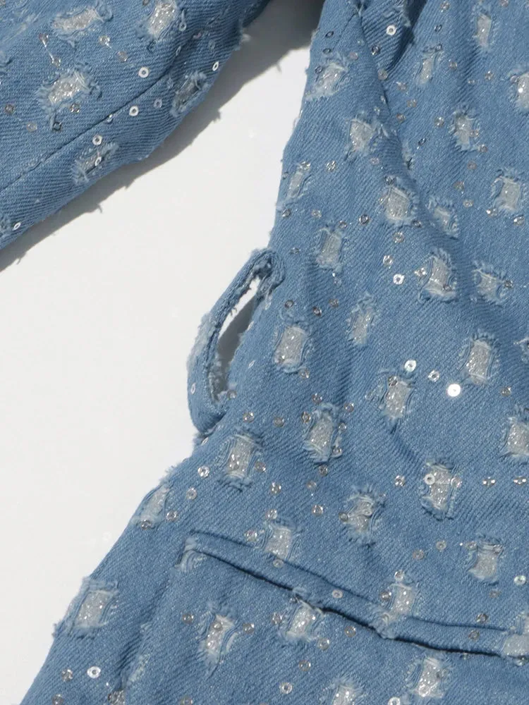 High Street Patchwork Sashes Long Sleeve Denim Trench Coat