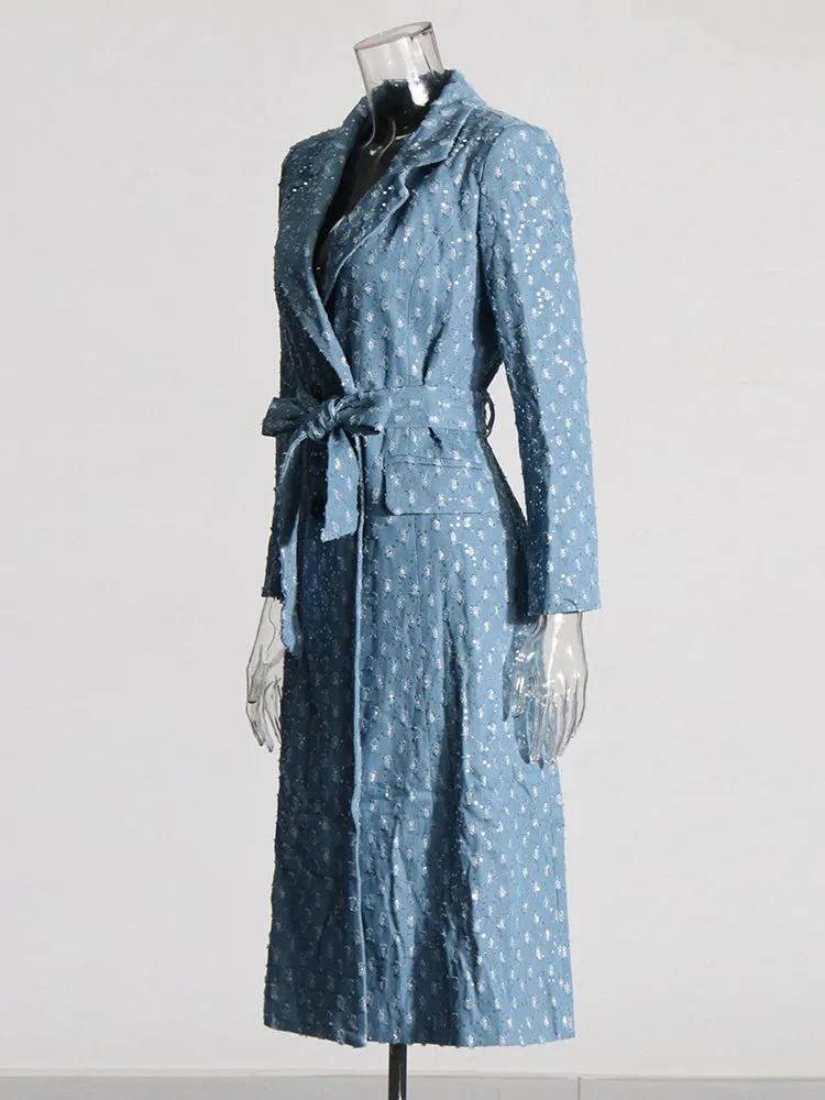 High Street Patchwork Sashes Long Sleeve Denim Trench Coat