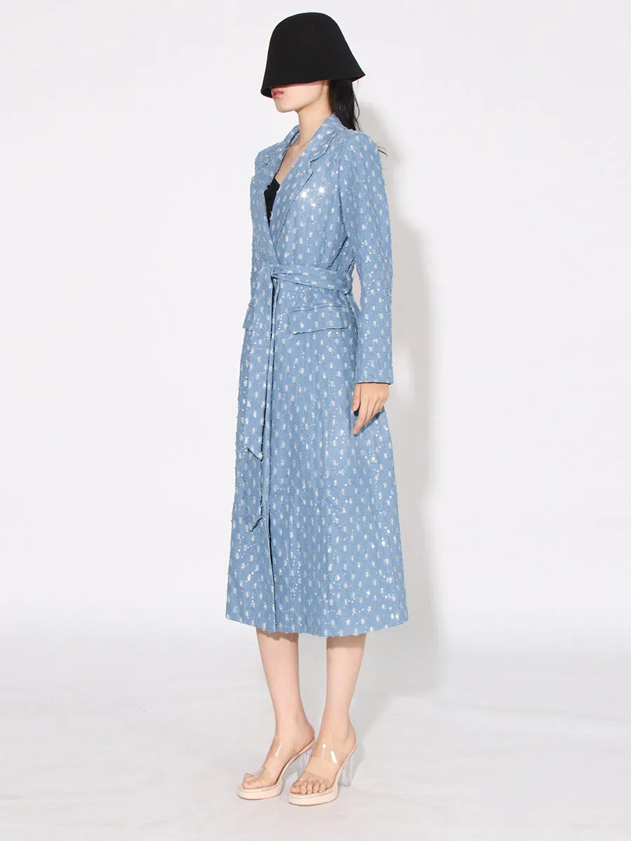 High Street Patchwork Sashes Long Sleeve Denim Trench Coat