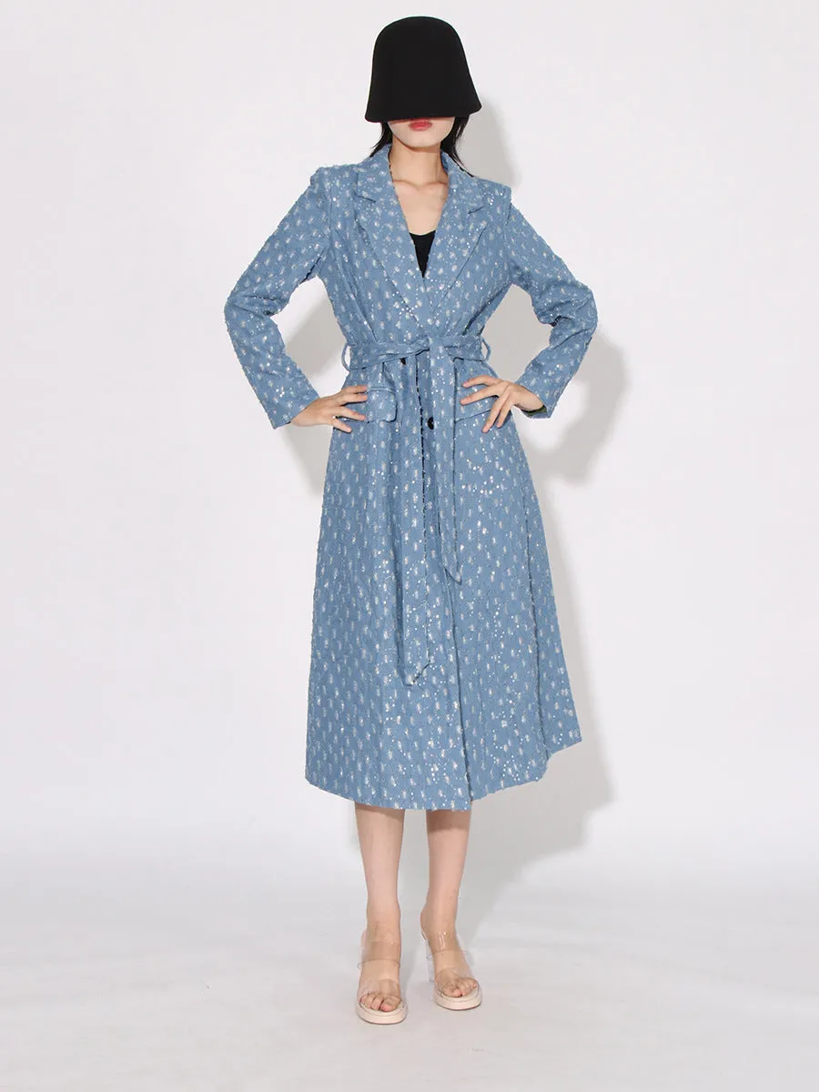 High Street Patchwork Sashes Long Sleeve Denim Trench Coat