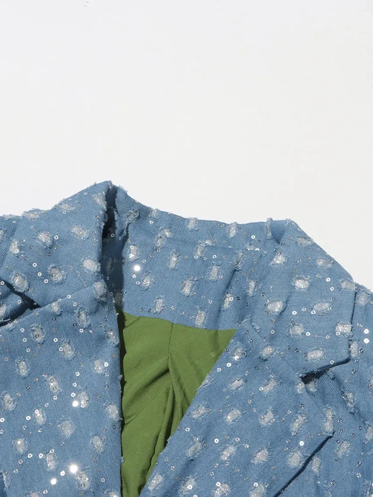 High Street Patchwork Sashes Long Sleeve Denim Trench Coat
