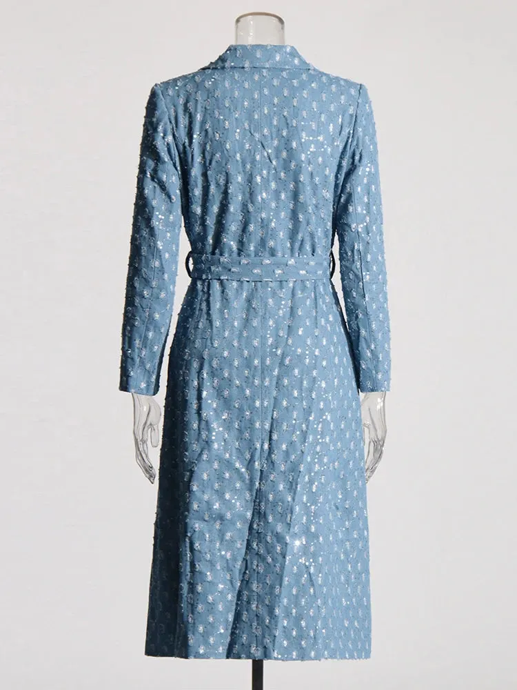 High Street Patchwork Sashes Long Sleeve Denim Trench Coat