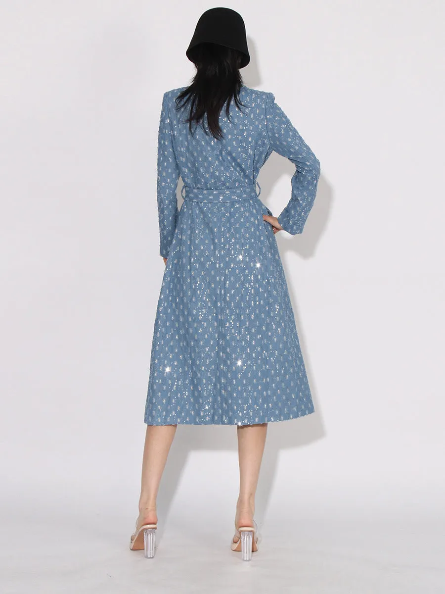 High Street Patchwork Sashes Long Sleeve Denim Trench Coat