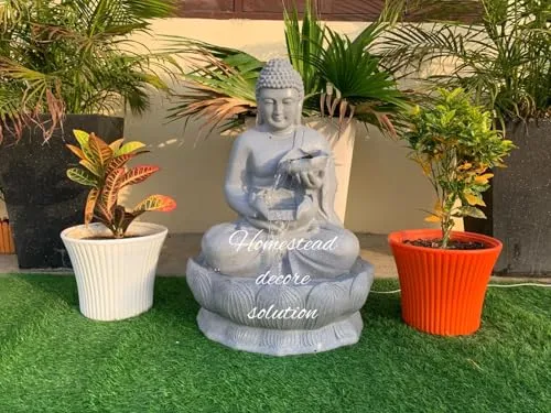 Homestead decore Solution Kamal Buddha Fountain Garden Fountain with LED Light, Buddha Statue, Decorative Water Feature, Buddha Kamal Fountain 3 FEET | Home Decor Fountain Fiber