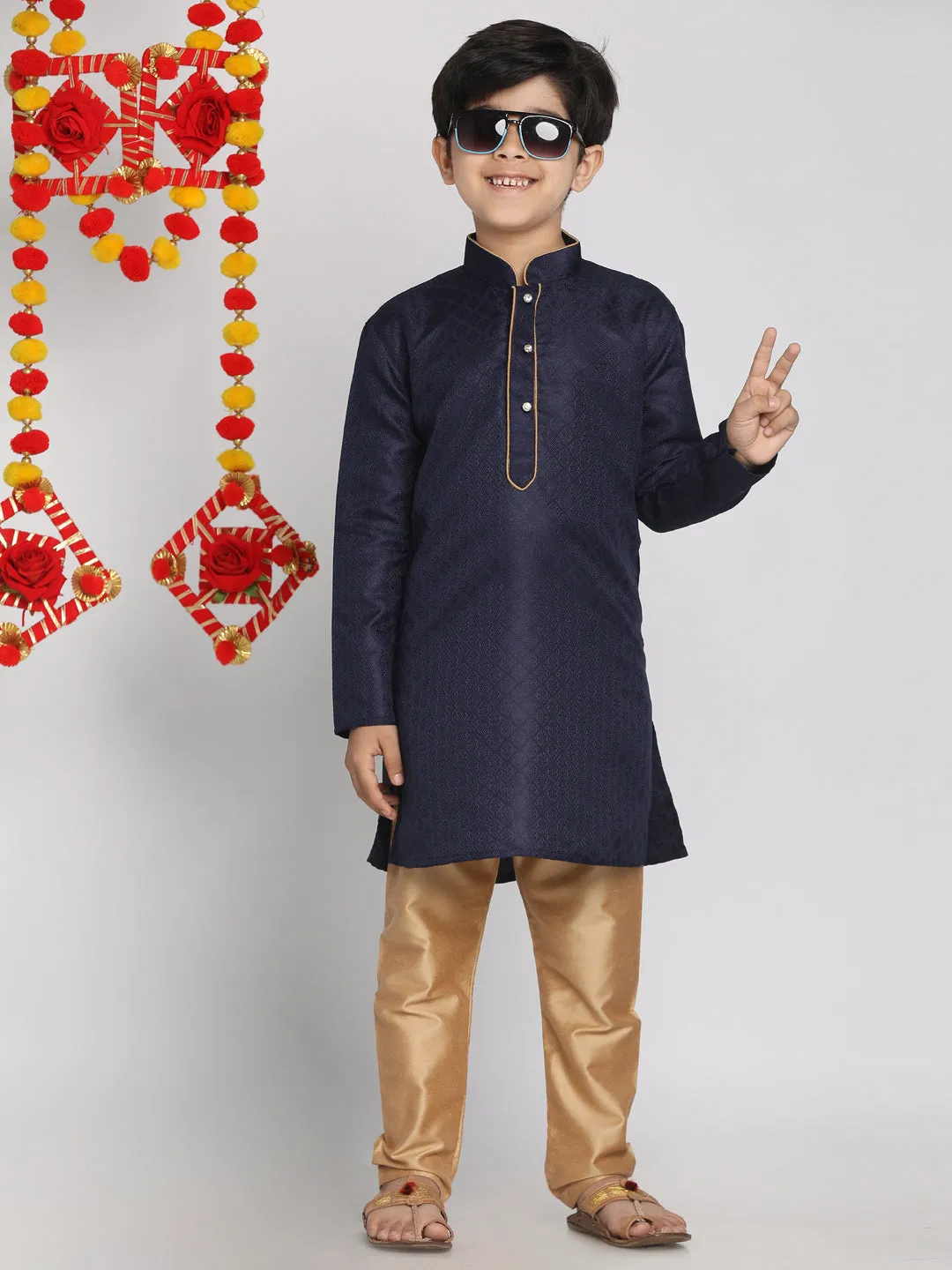 Jashvi Blue and Rose Gold Jacquard Kurta Pyjama Set