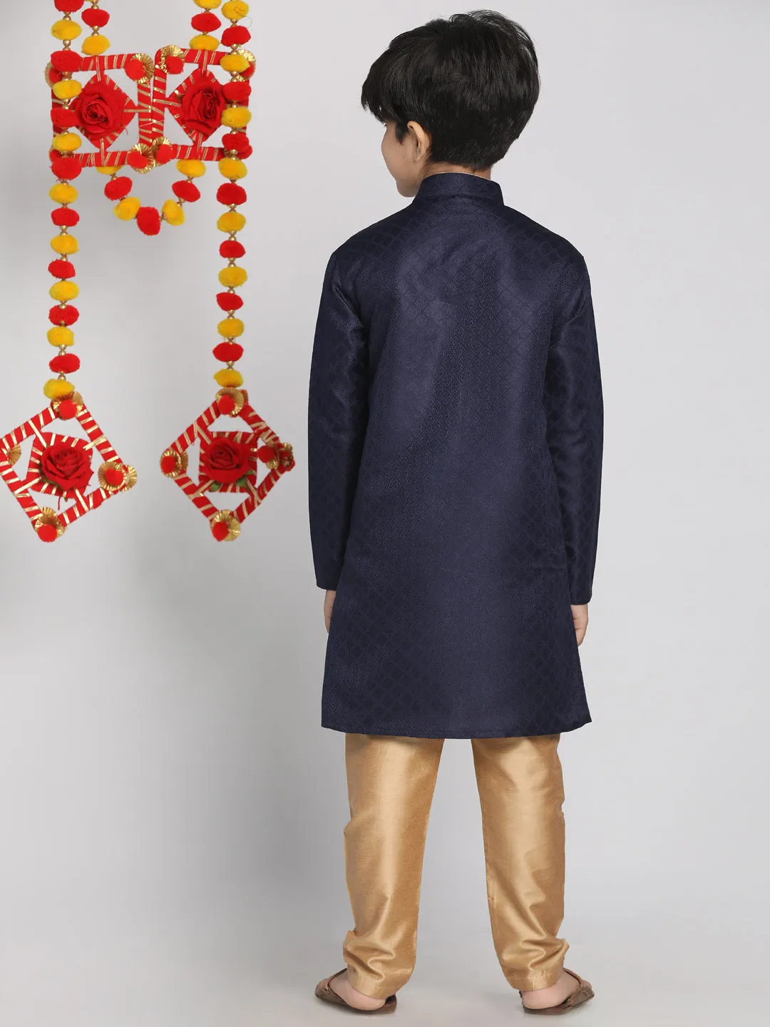 Jashvi Blue and Rose Gold Jacquard Kurta Pyjama Set