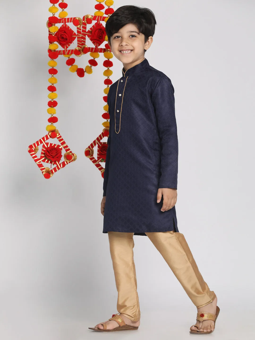 Jashvi Blue and Rose Gold Jacquard Kurta Pyjama Set